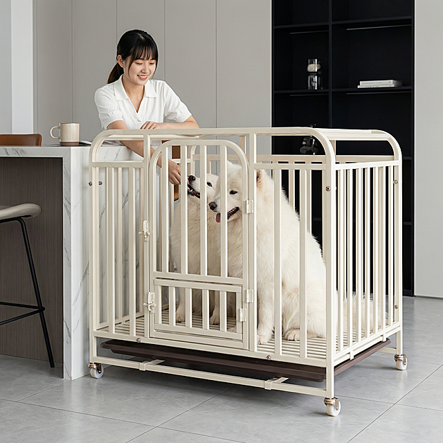 奶白色金属狗笼占据画面60%核心区域，保持物理结构绝对不变，放置在客厅开放式岩板吧台旁，浅灰色地砖，背景黑色置物架，清新明亮氛围，狗笼里面坐着一只成年萨摩耶，全新可爱东亚美女坐在吧椅上逗狗，美女留低马尾刘海，穿搭白色短袖，清爽可爱，柔和明亮自然光，低饱和灰色调，画面清新明亮，凸显狗笼主体，三分法构图，平视拍摄，吧台上放咖啡杯，光影明亮通透，商业级4K超清，通透自然。保持1:1画面比例，西方面孔,金发,深眼窝,雀斑,杂乱,死黑阴影,硬光,高对比度,变形,扭曲,悬空,比例失调
