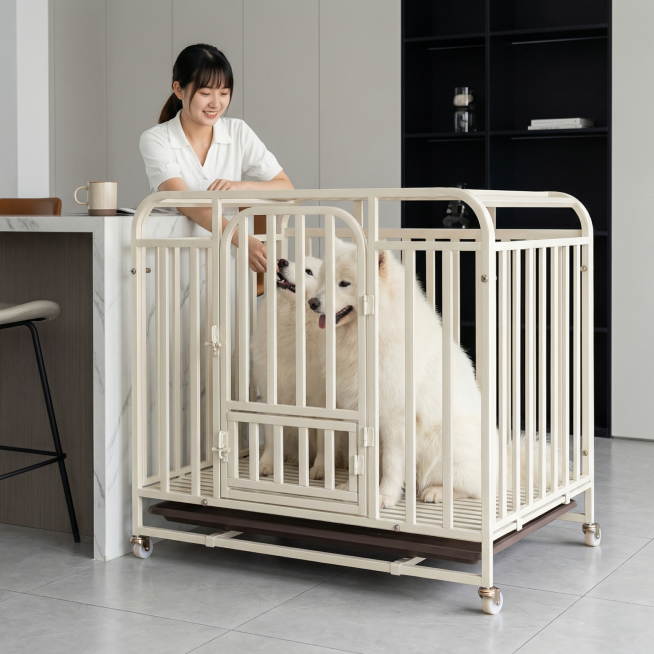 奶白色金属狗笼占据画面60%核心区域，保持物理结构绝对不变，放置在客厅开放式岩板吧台旁，浅灰色地砖，背景黑色置物架，清新明亮氛围，狗笼里面坐着一只成年萨摩耶，全新可爱东亚美女坐在吧椅上逗狗，美女留低马预览效果