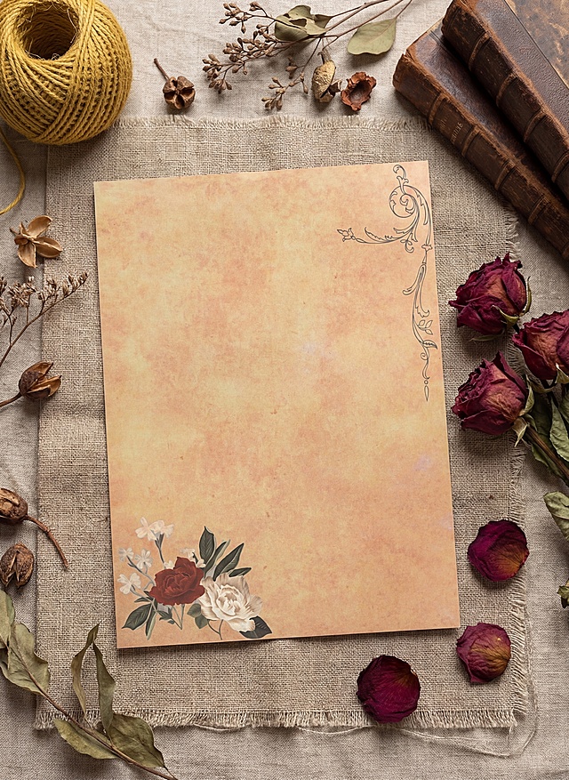 超写实静物摄影，上帝视角，精确复制参考图中的信纸，将A4信纸平铺在亚麻纱布上；画面右侧点缀干枯玫瑰花，复古书本，左上角放置一团天然黄麻绳球，背景散落干枯植物枝叶；整体呈现自然森系、ins风美学，突出纸张的纹理、纱布的粗糙肌理与花朵的质感；高细节、8K分辨率、专业商业静物摄影质感，景深适中，主体清晰锐利，背景柔和虚化，无任何文字、无水印、无多余元素，色调柔和高级，氛围感拉满；不要改变纸张颜色、不要添加额外纹理、不要改变纸张边界，保持原图信纸的浅棕复古色调