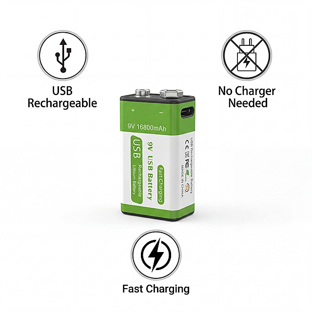 Keep the 9V battery entity unchanged from the original image, do not modify the battery itself. Create an infographic product image on pure white background, with the 9V battery as the center, add 3 clean selling point badges: 1. "USB Rechargeable", 2. "No Charger Needed", 3. "Fast Charging". Soft studio lighting, commercial quality, clear readable text, AliExpress info graphic main image, square 1:1