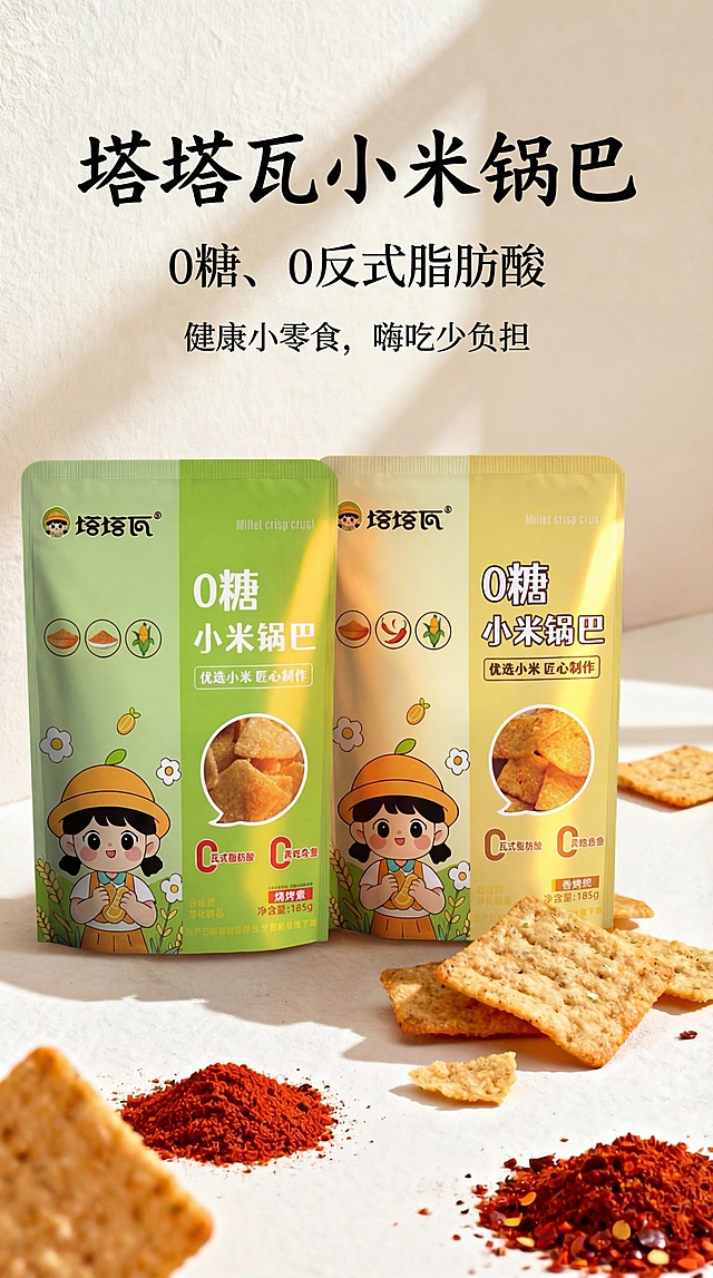 电商详情页首屏主视觉海报，保留原构图：低饱和度米白/浅米色哑光肌理背景，将用户提供的两袋塔塔瓦小米锅巴包装放在画面视觉中心，搭配辣椒粉、烧烤粉，拆开的锅巴做场景烘托，需要在画面顶部添加文字：顶部用书法字体写"塔塔瓦小米锅巴"，副标题"0糖、0反式脂肪酸"，下方点缀"健康小零食，嗨吃少负担"，柔和侧光，打造自然阴影，增强产品立体感，模拟自然光线下的真实质感，光影柔和，食材细节拉满，8K超高清，写实商业摄影，构图饱满，视觉冲击力强，适合电商详情首图，保留所有产品和场景元素，只添加指定文字