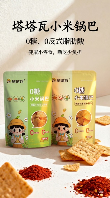 电商详情页首屏主视觉海报，保留原构图：低饱和度米白/浅米色哑光肌理背景，将用户提供的两袋塔塔瓦小米锅巴包装放在画面视觉中心，搭配辣椒粉、烧烤粉，拆开的锅巴做场景烘托，需要在画面顶部添加文字：顶部用书法预览效果