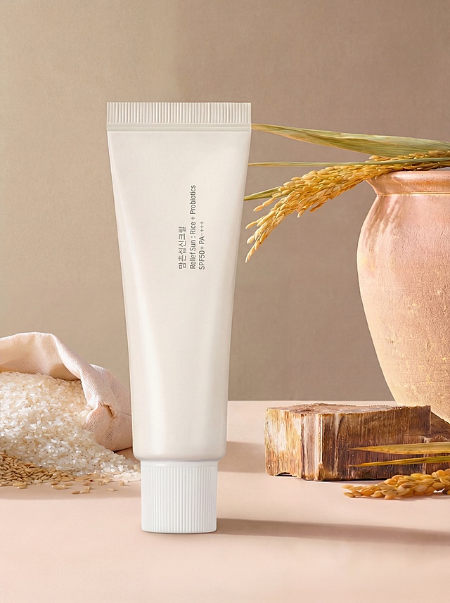 在当前画面基础上，将洗面奶产品等比例放大1.2倍，并向左平移，使其右边缘恰好遮住米白色米口袋的右下角；注意右平移边界不可超过米口袋开口与白色大米接壤的边界线。因左移导致右侧空缺区域，需根据背景中的稻穗、稻叶和木头纹理自然延展补全，保持整体构图协调、光影一致、材质真实，无穿模或违和感。严格锁定宽高比为 3:4，4K分辨率。