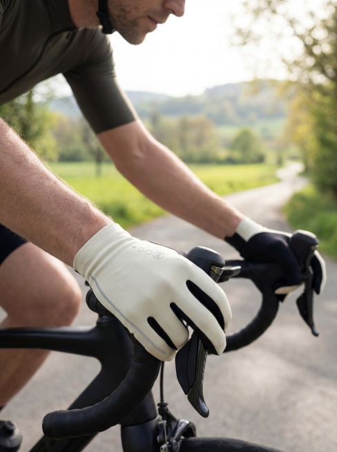 原图产品是米白拼黑色骑行手套，保留原手套完整结构和细节Logo不变，主体展示手套，严禁扭曲变形。合成到户外自然乡间公路场景，欧洲男模特不露脸，动态骑行姿态，非静态站立，身体前倾骑行，手部握住车把自然展预览效果