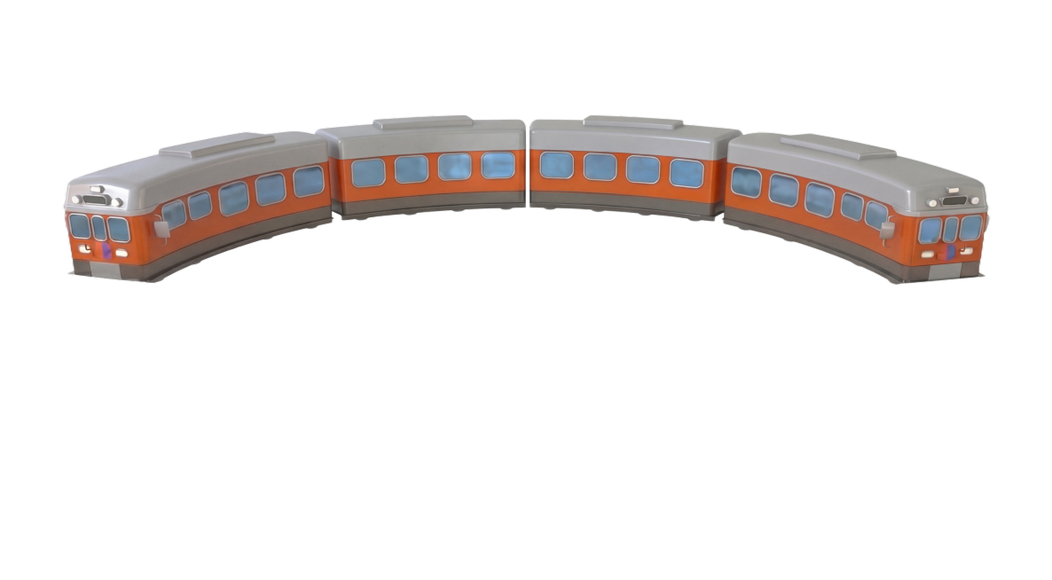 去除轨道，仅保留橙灰配色的四节火车车厢，呈半圆形排列，背景为纯白色，保持C4D风格预览效果