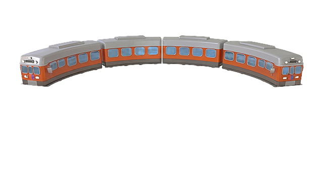 去除轨道，仅保留橙灰配色的四节火车车厢，呈半圆形排列，背景为纯白色，保持C4D风格
