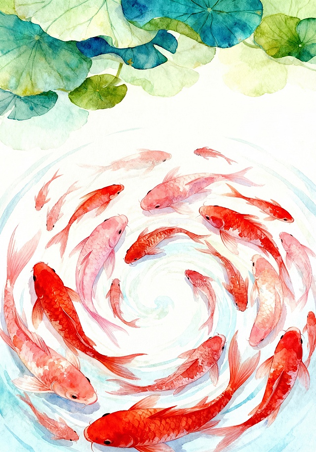 保留画面上方的荷叶，保持每条鱼原本大小不变，增加锦鲤数量，鱼群依旧保持漩涡形态环绕排列，保持原本的水彩国风风格和配色，保持超清画质
