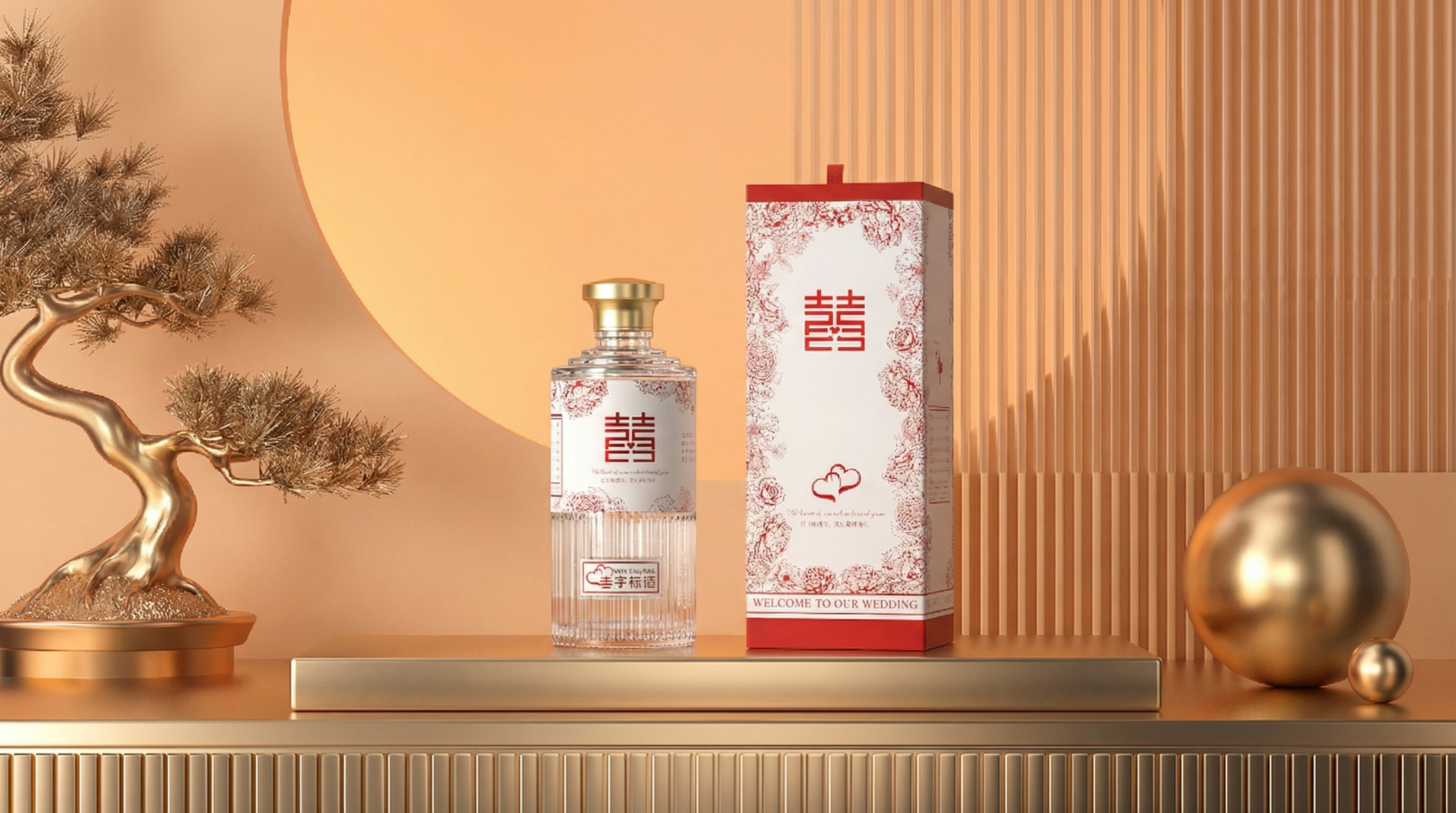 新中式风格喜酒瓶和酒盒包装，透明玻璃酒瓶搭配金色瓶盖，带有红色… - 图片创意预览