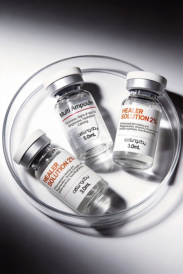 从左到右去掉第一个产品瓶，保留后两个产品瓶，不改变产品外观，将后两个产品瓶在玻璃圆盘里居中摆放，保持原来的光影、背景和产品质感不变