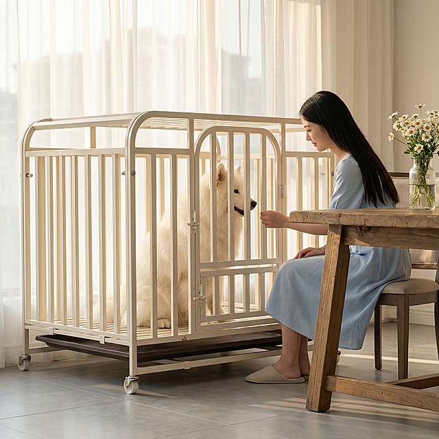 奶白色金属狗笼占据画面60%核心区域，保持物理结构绝对不变，放置在餐厅窗边原木餐桌旁，浅灰色地砖，背景是白色纱帘，暖治愈氛围，狗笼里面坐着一只成年萨摩耶，全新气质美女坐在餐椅上侧身逗狗，美女留黑长直，穿搭浅蓝连衣裙，温柔治愈，柔和上午阳光，低饱和浅蓝暖色调，画面干净清新，凸显狗笼主体，三分法构图，平视拍摄，餐桌上放着玻璃花瓶插着雏菊，光影柔和温暖，商业级4K超清，通透自然。保持1:1画面比例，西方面孔,金发,深眼窝,雀斑,杂乱,死黑阴影,硬光,高对比度,变形,扭曲,悬空,比例失调