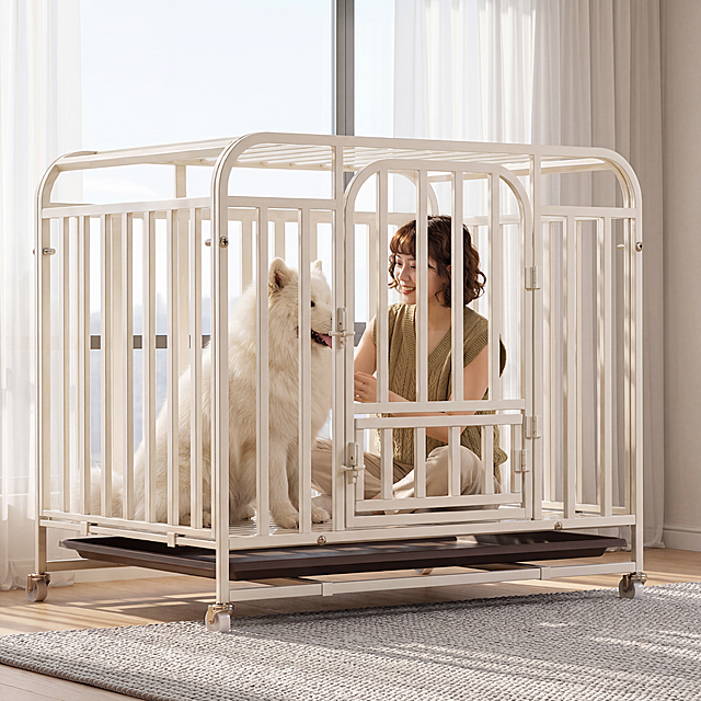 奶白色金属狗笼占据画面60%核心区域，保持物理结构绝对不变，放置在客厅落地窗边浅灰色地毯上，背景白色纱帘，清新明亮氛围，狗笼里面坐着一只成年萨摩耶，全新可爱东亚美女坐在地毯上逗狗，美女齐刘海羊毛卷，穿搭卡其色针织马甲，甜美可爱，柔和明亮自然光，低饱和卡其色调，画面清新明亮，凸显狗笼主体，三分法构图，平视拍摄，窗边放针织地毯，光影明亮通透，商业级4K超清，通透自然。保持1:1画面比例，西方面孔,金发,深眼窝,雀斑,杂乱,死黑阴影,硬光,高对比度,变形,扭曲,悬空,比例失调