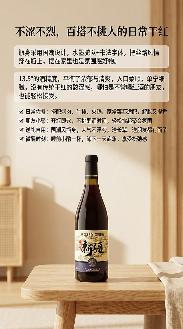 新疆大美干红葡萄酒产品卖点海报，展示原瓶葡萄酒，瓶身国潮水墨驼队+书法字体设计清晰可见，放置在浅原木桌面，背景为简约暖调空间。添加文案：标题"不涩不烈，百搭不挑人的日常干红"，正文第一行："瓶身采用国潮设计，水墨驼队+书法字体，把丝路风情穿在瓶上，摆在家里也是氛围感好物。"第二段："13.5°的酒精度，平衡了浓郁与清爽，入口柔顺，单宁细腻，没有传统干红的酸涩感，哪怕是不常喝红酒的朋友，也能轻松接受。"卖点列表：
✅ 日常佐餐：搭配烤肉、牛排、火锅、家常菜都适配，解腻又提香
✅ 朋友小聚：开瓶即饮，不挑醒酒时间，轻松撑起聚会氛围
✅ 送礼自用：国潮风瓶身，大气不浮夸，送长辈、送朋友都有面子
✅ 微醺时刻：睡前小酌一杯，卸下一天疲惫，享受松弛感
排版清晰舒朗，模块分明，国潮风格，9:16竖版构图，暖调柔和光影，符合国内电商种草风格。