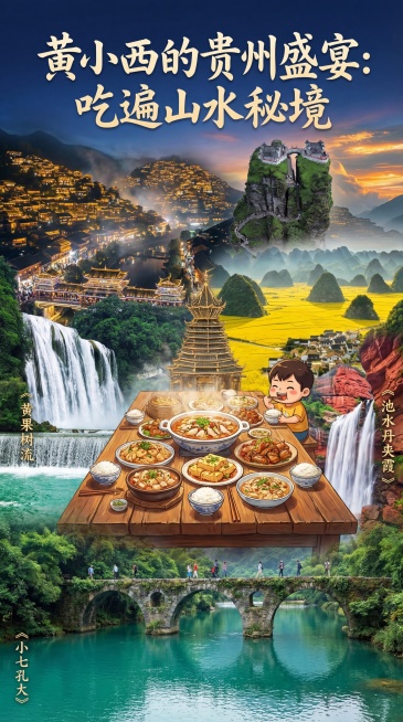 设计一张以'黄小西吃晚饭'为主题的贵州旅游宣传海报，将黄果树瀑布、小七孔、西江千户苗寨、赤水丹霞、万峰林、梵净山六大景点的元素进行创意拼接融合，画面构图饱满富有层次感，色彩丰富协调，具有强烈视觉冲击力预览效果