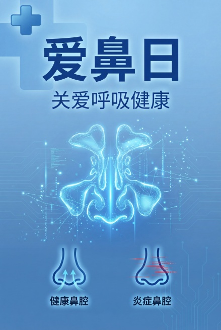 爱鼻日公益宣传海报，主题为关爱鼻腔健康，体现科技简约感，整体配色为蓝色系，画面简洁干净，包含标题"爱鼻日"和副标题"关爱呼吸健康"，科技简约风格，海报版式设计预览效果