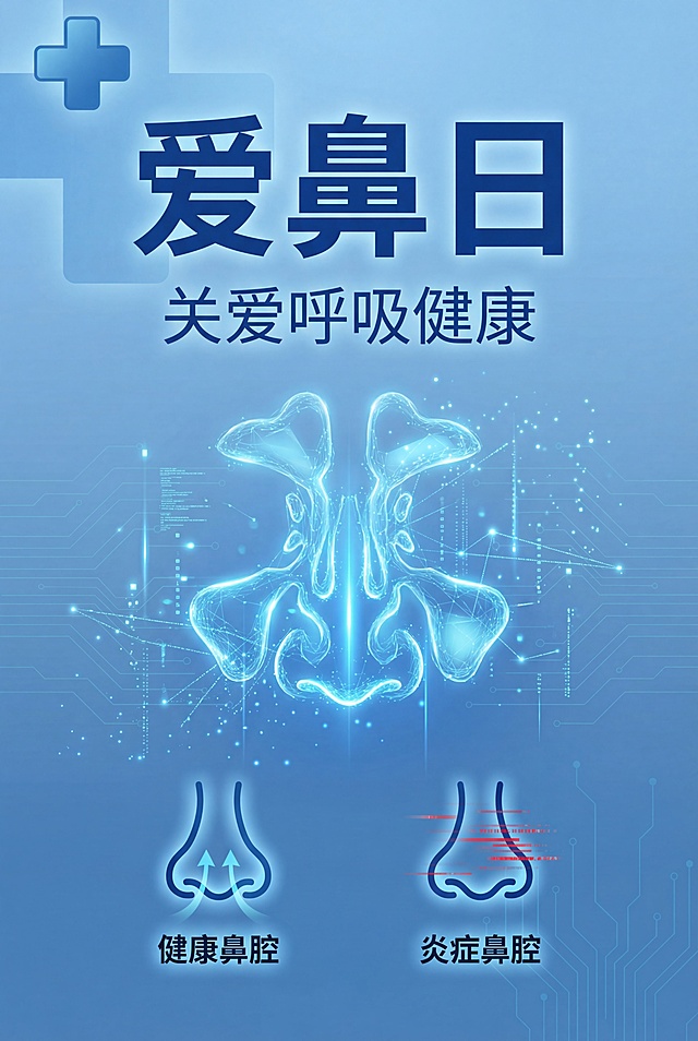 科技感十足的扁平风设计，融合未来感与清透粒子效果，描边风格呈现鼻腔结构，展现虚拟现实般的视觉体验，传递爱鼻日健康主题。