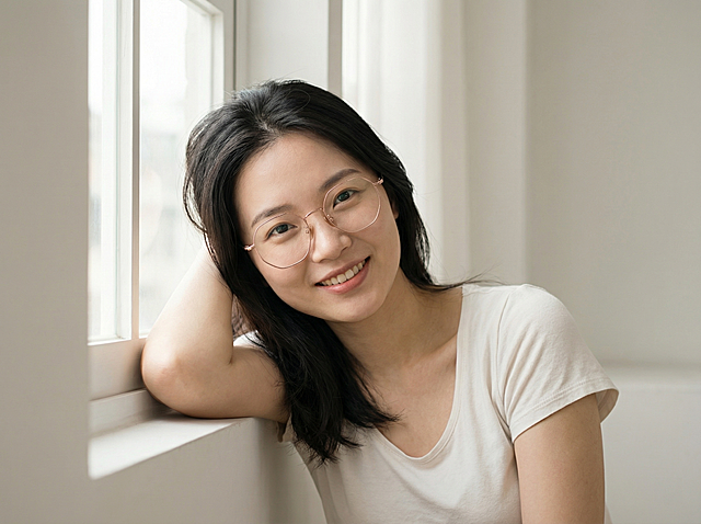 保持这款玫瑰金多边形细框眼镜架的款式、颜色和物理结构绝对不变，添加给东亚女性模特佩戴，模特面部表情自然惬意，黑色发丝，皮肤白皙，伪素颜妆容，姿势松弛自然，倚靠窗边浅色背景，简洁干净，漫射柔光，低对比度，画面明亮干净，莫兰迪暖白色调，商业级4K，画面通透，严格锁定宽高比为 4:3，西方面孔,金发,深眼窝,雀斑,杂乱房间,死黑阴影,硬光,乡村风,高对比度,欧美妆容,变形,扭曲,悬空,比例失调