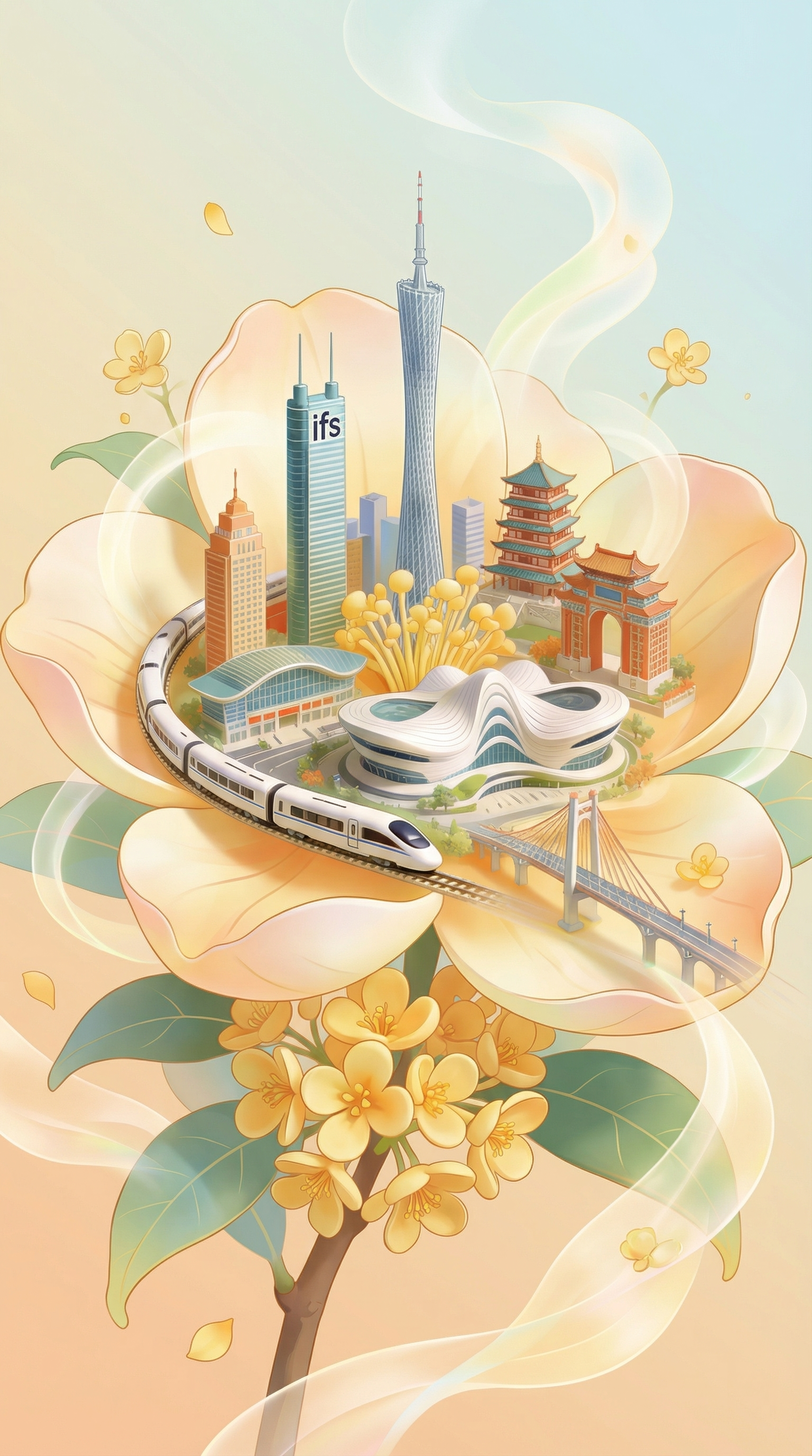 桂花主题插画，微缩立体场景，唯美飘逸充满仙气，国潮现代中式融合… - 图片创意预览