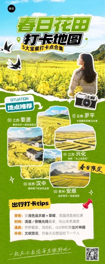 旅游出行景点景区春季赏花打卡攻略长图海报预览效果