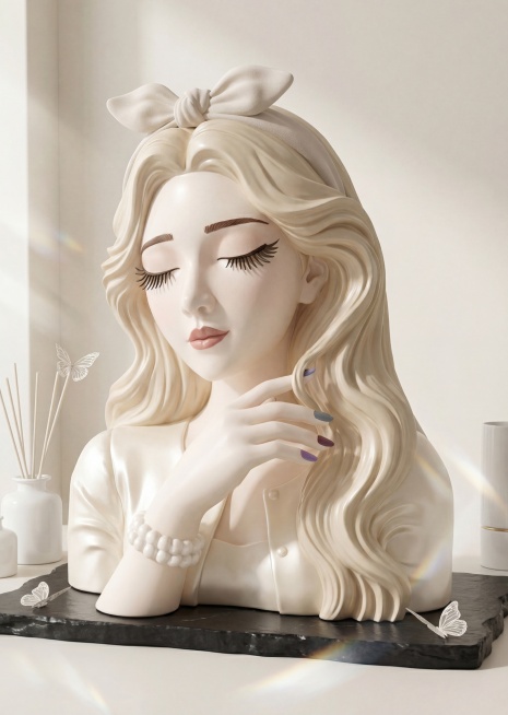 保持美容女孩雕塑的面部造型和手部彩绘细节不变，更换衣服为缎面短款开衫，调整姿势为抬手轻撩长发，更换发型为齐肩大波浪卷发，更换头饰为蝴蝶结发箍。放置在极简美妆展厅奶白色柔光无影墙，黑色岩板展示台，层次分预览效果