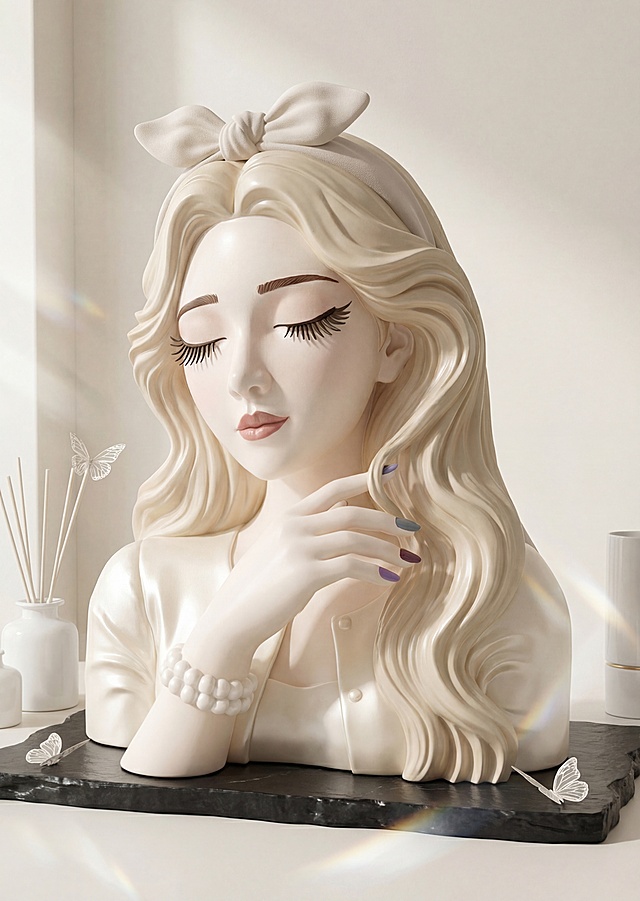 保持美容女孩雕塑的面部造型和手部彩绘细节不变，更换衣服为缎面短款开衫，调整姿势为抬手轻撩长发，更换发型为齐肩大波浪卷发，更换头饰为蝴蝶结发箍。放置在极简美妆展厅奶白色柔光无影墙，黑色岩板展示台，层次分明。柔和侧窗漫射光，低对比度淡阴影，整体氛围干净高级。微俯视构图，旁边点缀香薰和白色蝴蝶装饰，光斑流动。4K超清商业摄影，低饱和色调，符合国内电商风格。严格锁定宽高比为 5:7。西方面孔,金发,深眼窝,雀斑,杂乱房间,死黑阴影,硬光,乡村风,高对比度,欧美妆容,变形,扭曲,悬空,比例失调