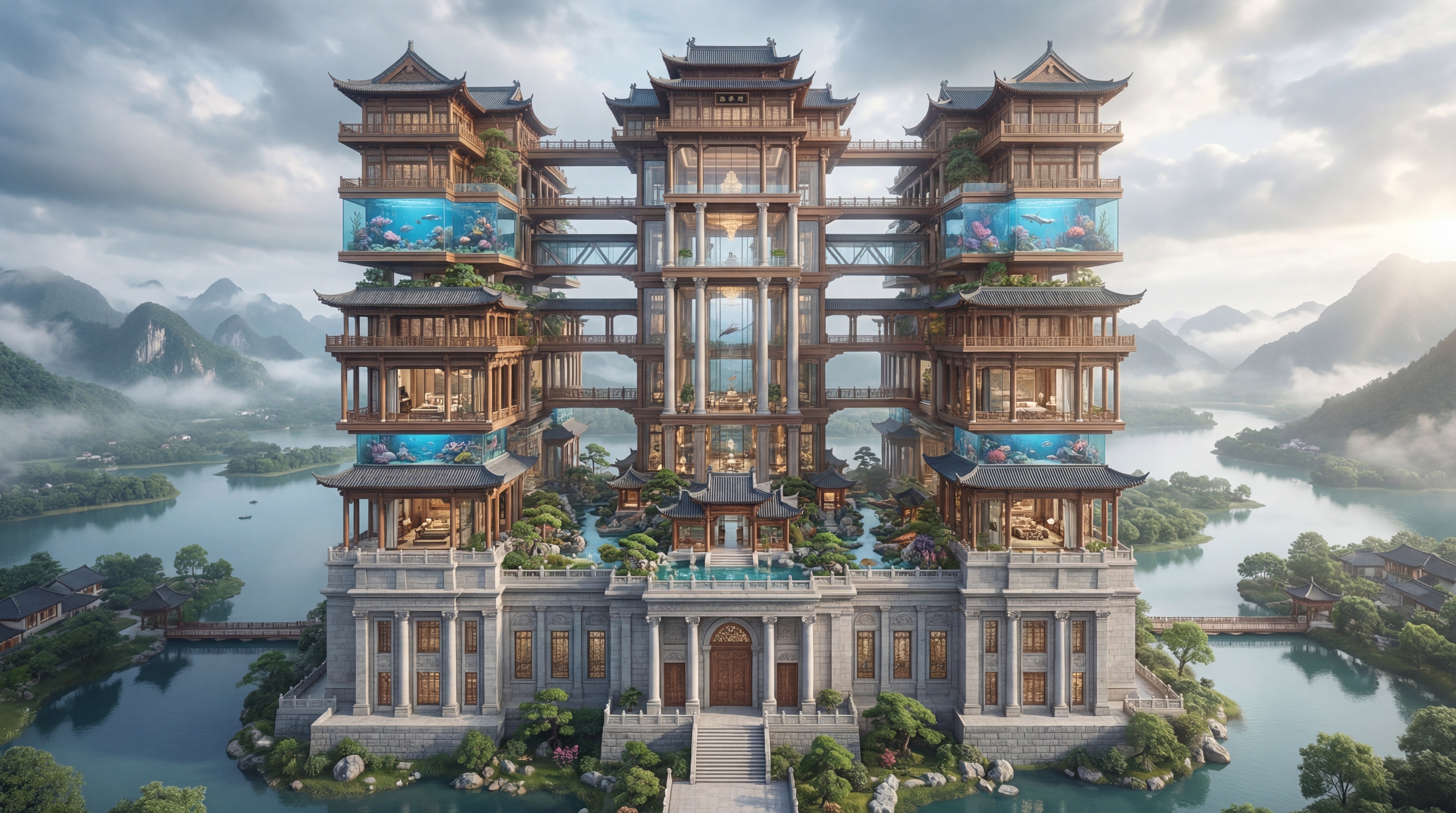 现代超级超大99层混搭风格别墅，以中式建筑为主调，宋明西洋建筑… - 图片创意预览