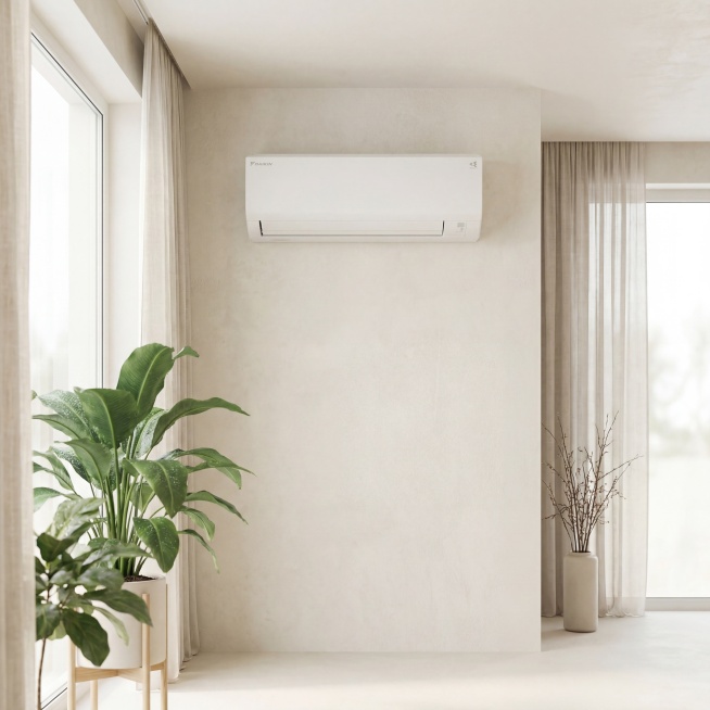 大金白色壁挂式空调内机，保持物理结构绝对不变，保持DAIKIN品牌Logo原样，产品外观严禁扭曲变形
居中安装在客厅墙面，现代简约家居空间，浅奶油色系微水泥墙面，搭配窗户，拉开景深
全屋漫射柔光，低对预览效果