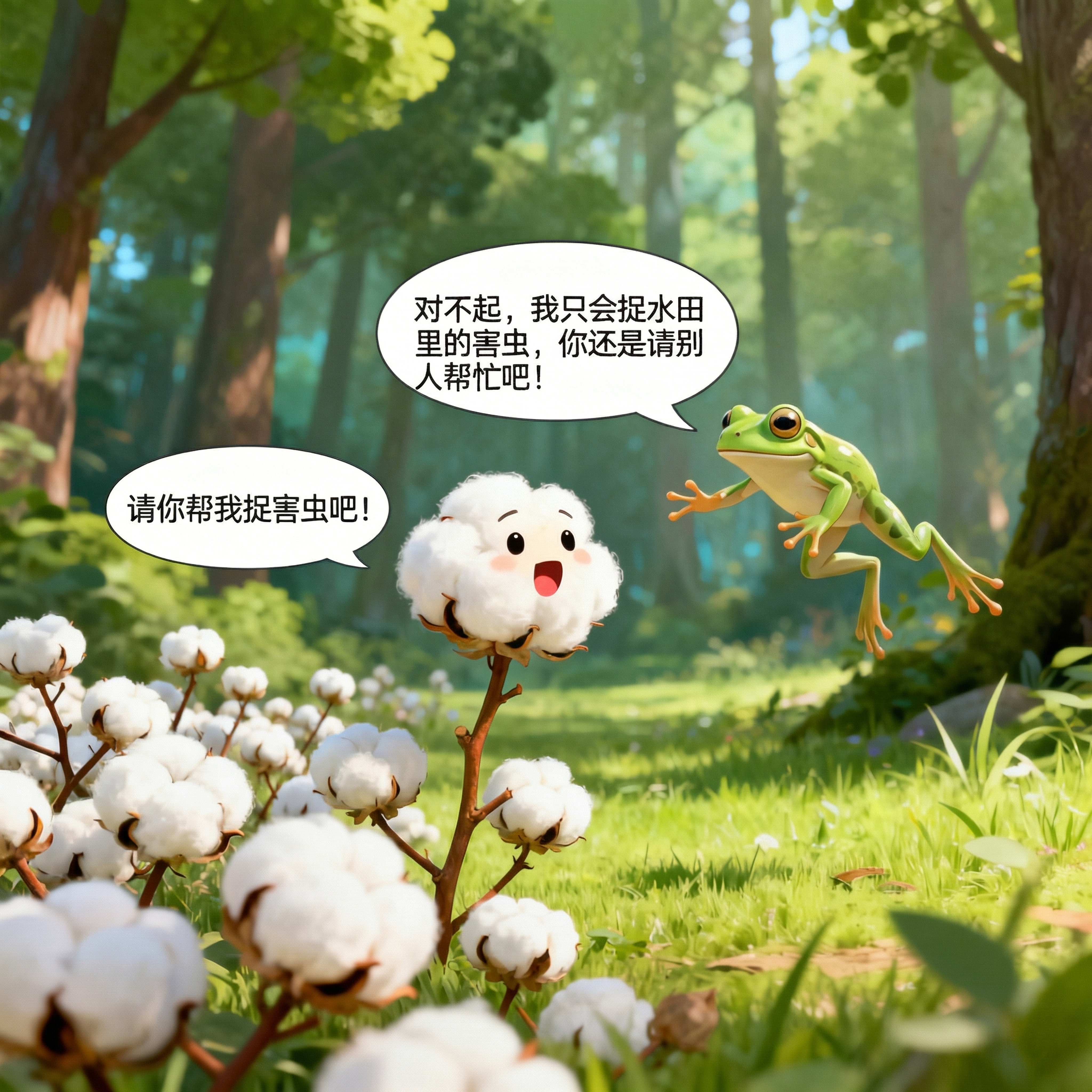 基于原图，将啄木鸟替换为一只跳来的青蛙动画形象，棉花开口说‘请… - 图片创意预览