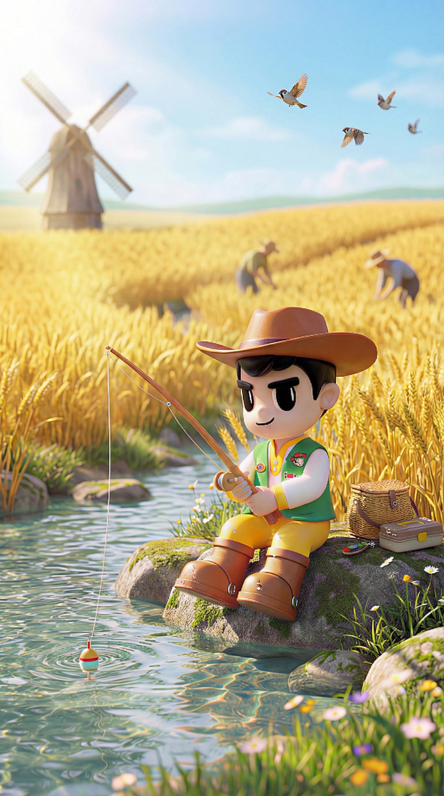 在保留当前人物、溪流与前景岩石的基础上，背景麦田中增加：1）远处左侧一座木质风车（略带复古感，不喧宾夺主）；2）远景麦田中有2位模糊处理的农民剪影（弯腰劳作姿态，保持比例协调）；3）天空中点缀3-4只飞鸟（小型雀鸟，自然飞行姿态，避免密集）。整体仍为9:16竖构图, 4K分辨率，光影与透光水面风格延续原图。