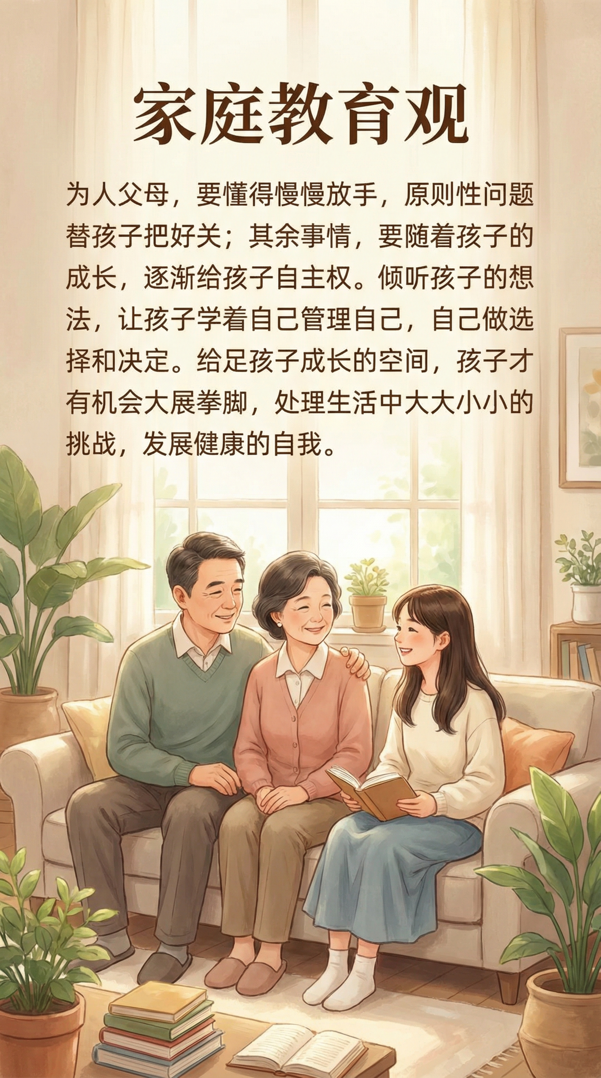 一张竖版家庭教育宣传图，画面上只有一对中年中国父母和一个中国大… - 图片创意预览