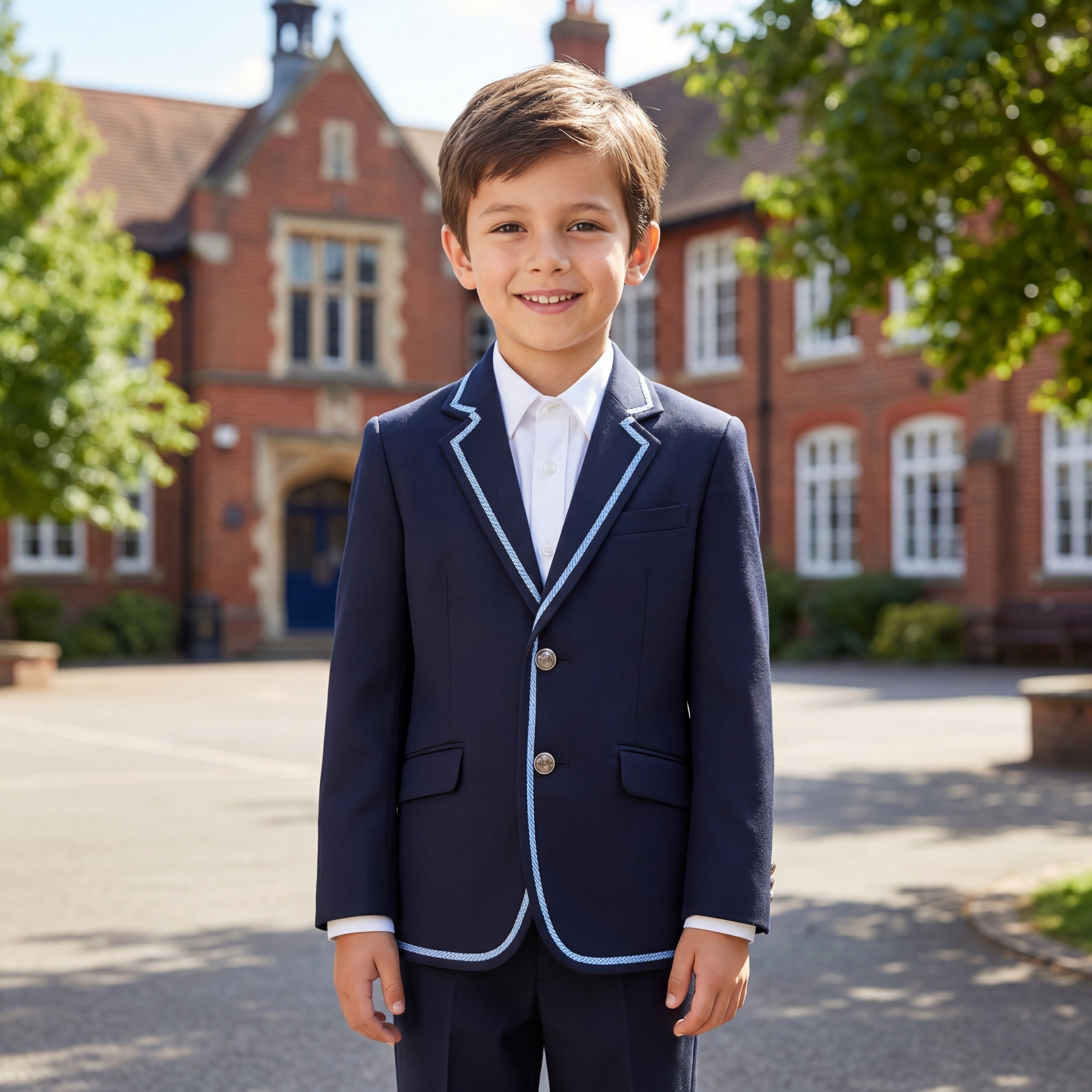 以图中藏青镶边儿童西装校服为原型，生成小学生上身实拍电商主图，… - 图片创意预览