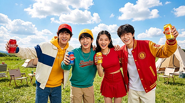 补充完整图片左右两侧人物残缺的胳膊和衣服，将背景更换为蓝天白云户外露营草地，保持人物和饮料不变，生成高清晰度大尺寸图片，整体自然和谐