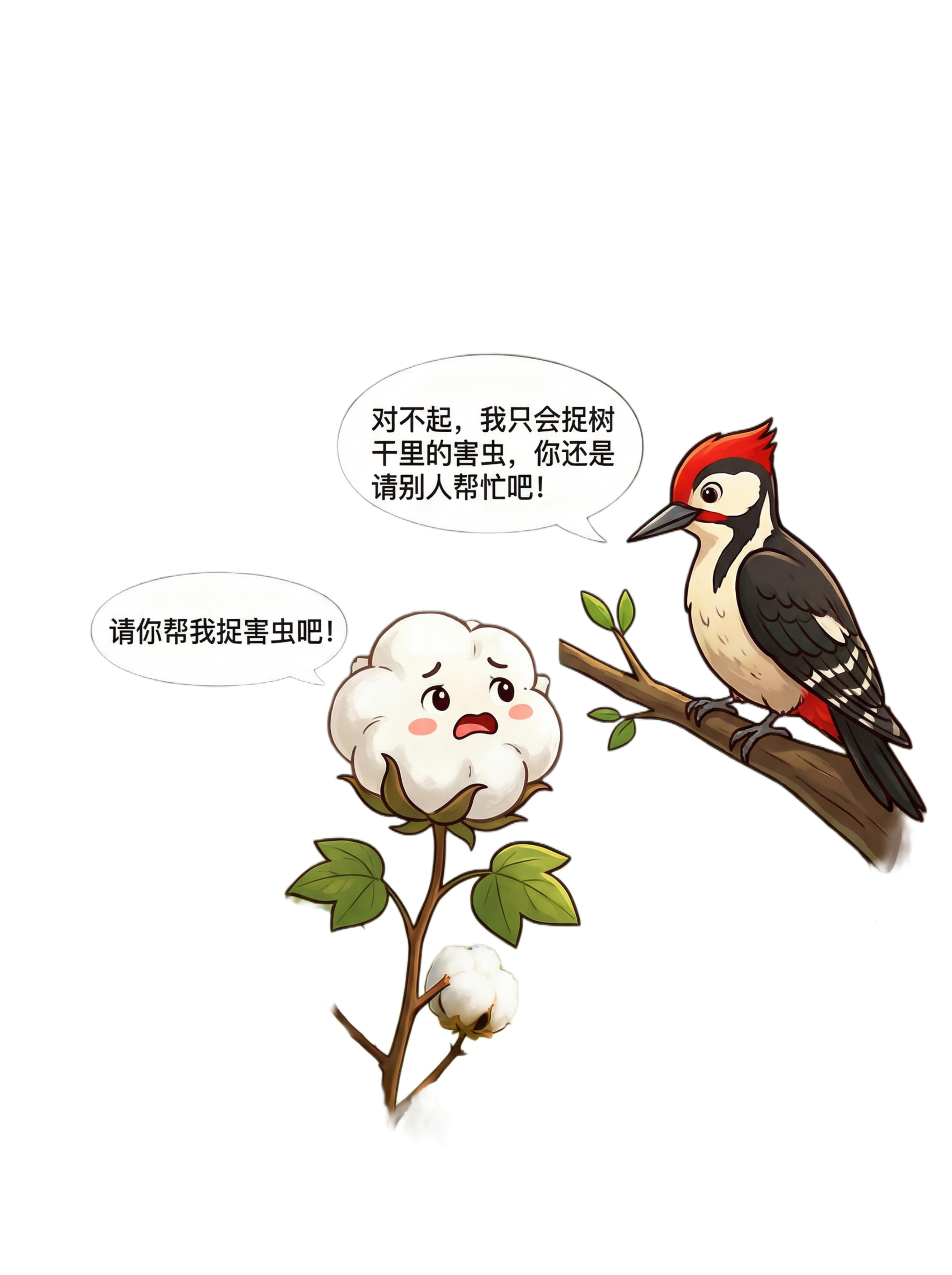 修改图中角色为啄木鸟动画形象，棉花表情改为着急状，对话内容：棉… - 图片创意预览