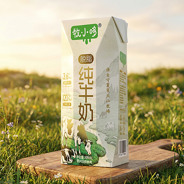 牧小哆脱脂纯牛奶外箱，保持产品原有外观、结构、颜色、Logo和文字信息绝对不变，只将文字调整为与参考单盒包装一致的样式，'脱脂纯牛奶'的字体风格和排版匹配参考图，保持整体产品透视不变。户外草坪原木砧板背景，暖调黄金午后窗光，产品包装表面保留清晰光泽，整体呈现清爽自然的生鲜氛围，商业电商产品摄影，4K分辨率，极高细节，严格锁定宽高比为1:1