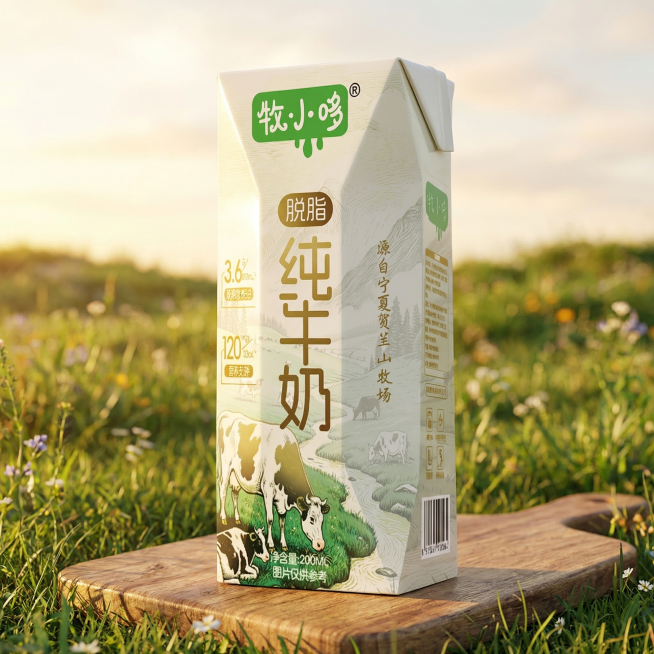 牧小哆脱脂纯牛奶外箱，保持产品原有外观、结构、颜色、Logo和文字信息绝对不变，只将文字调整为与参考单盒包装一致的样式，'脱脂纯牛奶'的字体风格和排版匹配参考图，保持整体产品透视不变。户外草坪原木砧板预览效果
