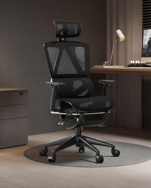 将图2画面中间的浅灰色网布办公椅原位替换为图1(参考图)中的黑色网布人体工学办公椅。
用图1中椅子的真实物理结构完全覆盖该区域，打破原图旧椅子的轮廓束缚，保持原产品(图1)的真实比例，严禁挤压或变形。预览效果