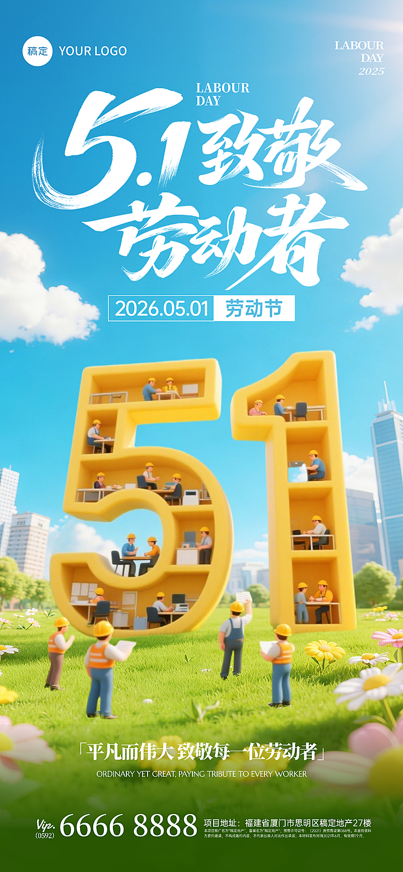 五一劳动节清新感51人物3D微缩全屏海报