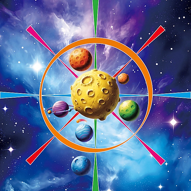 保留原图整体构图和星云星空背景，将图中所有的星球都修改为3D立体效果，保留星球原有的颜色和位置，增强立体感和光影效果