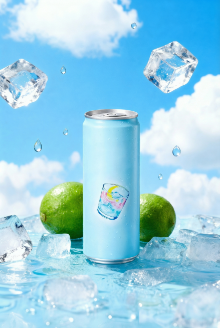 在上次生成的海报基础上调整：将青柠缩小，去掉海报上的全部文字，保持RIO微醺产品、夏日蓝天白云冰块背景和青柠元素，整体保持夏日清凉风格，调整为A4尺寸预览效果