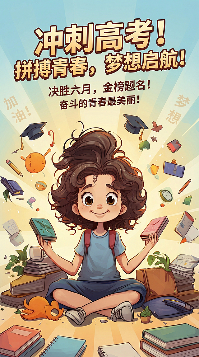 参考原图风格，做成高考宣传海报，保留图中卷发学生和学习书本元素，添加高考主题标语文字，整体青春励志风格，适配海报尺寸