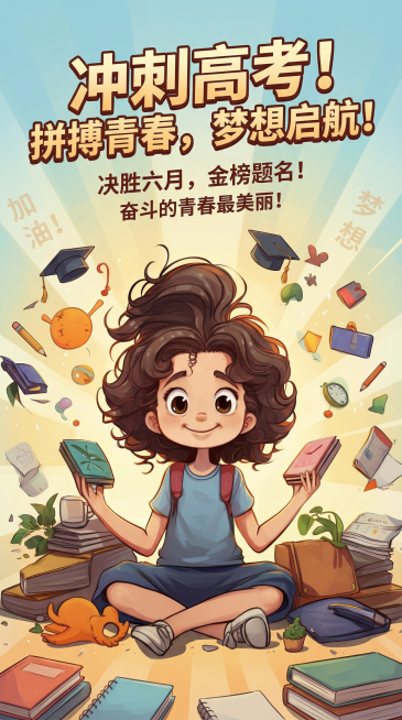 参考原图风格，做成高考宣传海报，保留图中卷发学生和学习书本元素，添加高考主题标语文字，整体青春励志风格，适配海报尺寸预览效果