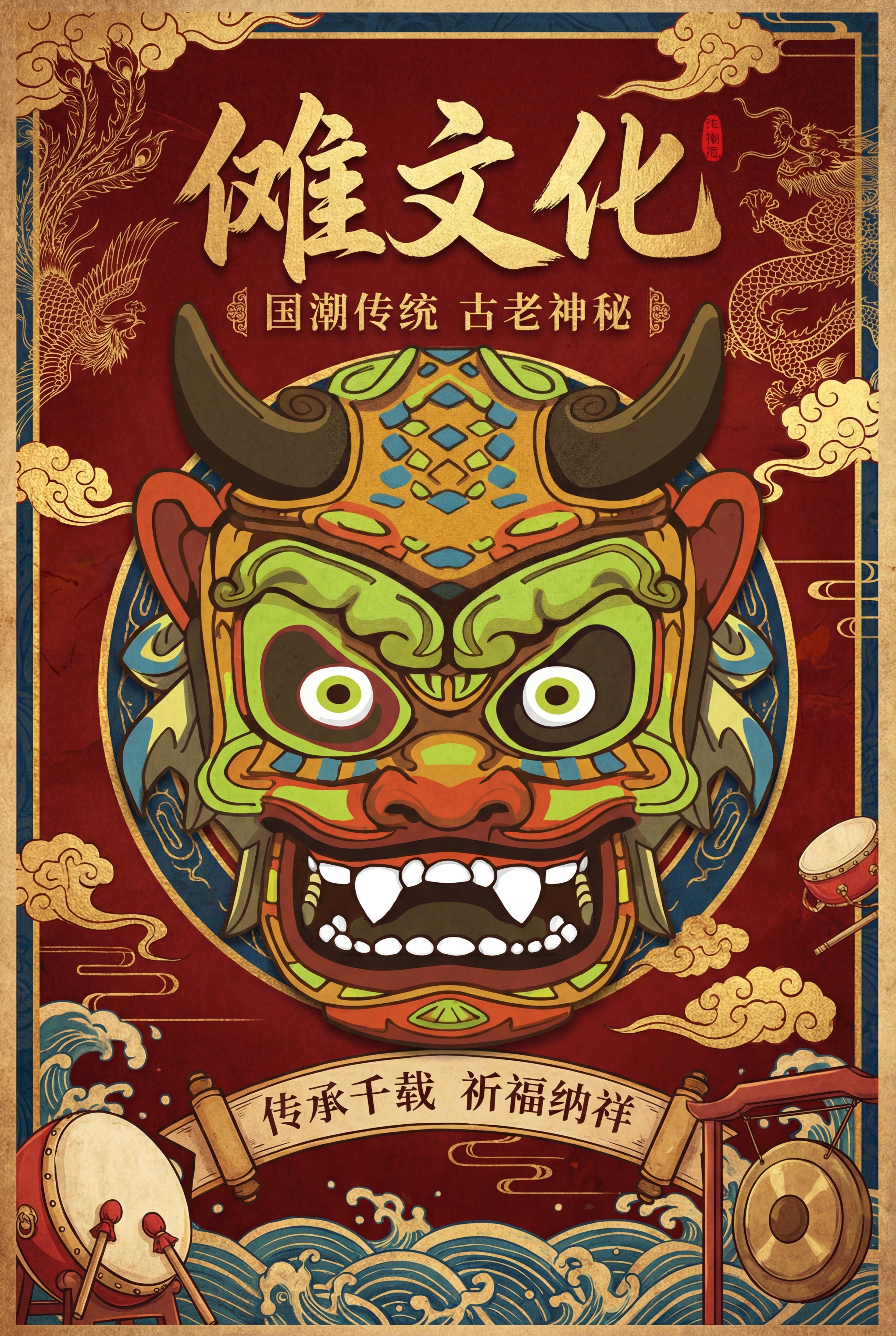 根据参考傩面具生成一张宣传傩文化的主题海报，设计风格醒目高级，… - 图片创意预览