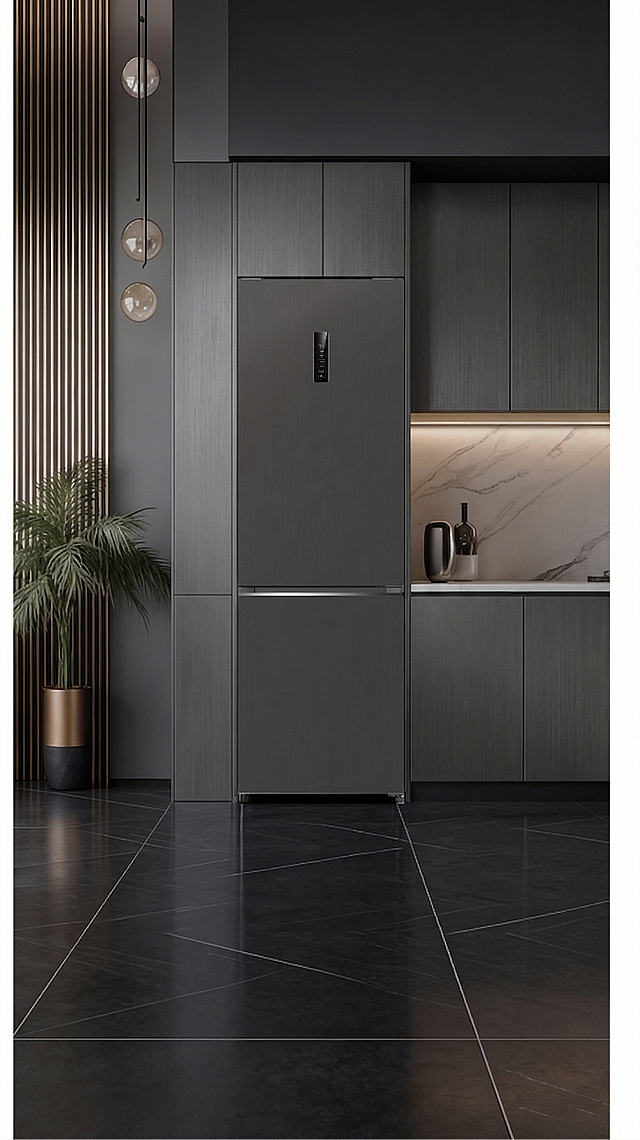 将图片中冰箱周围柜体的颜色调节，使其和冰箱的颜色保持一致，其他细节和布局完全不变