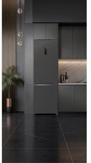 将图片中冰箱周围柜体的颜色调节，使其和冰箱的颜色保持一致，其他细节和布局完全不变预览效果