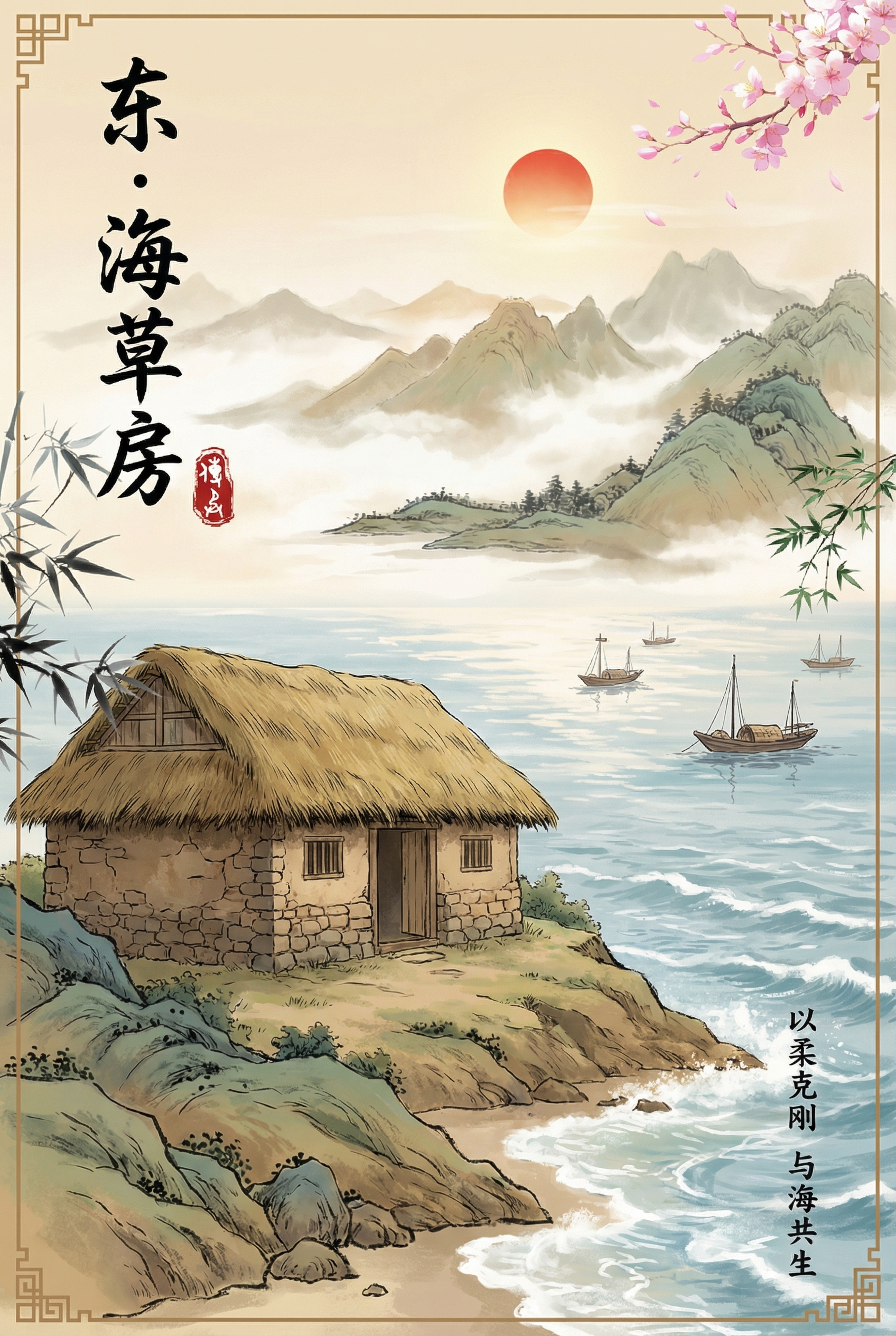 参考提供的万里长城国风海报风格，生成一张国风海报，主体是海边的… - 图片创意预览