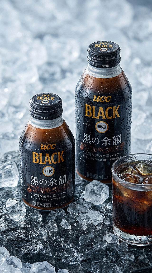 图片中两款ucc黑色无糖黑咖啡饮料，保持产品物理结构绝对不变，保持瓶身文字和Logo原样，严禁包装扭曲或结构变形。整体放置在深色冰岩台面上，画面搭配一杯冰黑咖啡，周围散落冰块，冰爽清凉感觉。冷调清爽漫射柔光，整体冰爽通透，浅景深背景虚化。45度微俯视构图。产品瓶身和玻璃杯壁布满冷凝水珠，强化冰爽感觉，无任何文案文字。商业高端美食摄影，8K分辨率，极高材质细节，极具冰爽质感。严格锁定宽高比为9:16，不添加任何文字文案