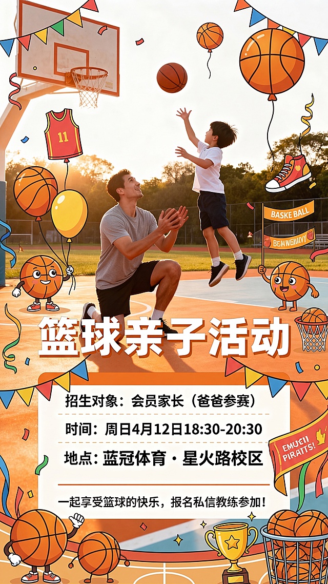 篮球亲子活动招生宣传图，丰富画面内容，增加更多篮球相关元素和装饰，填充空白区域，保留原有全部文字信息：招生对象：会员家长（爸爸参赛），时间：周日 4月12日 18:30-20:30，地点：蓝冠体育·星火路校区，一起享受篮球的快乐，报名私信教练参加！保持温馨活力风格，画面饱满不空旷