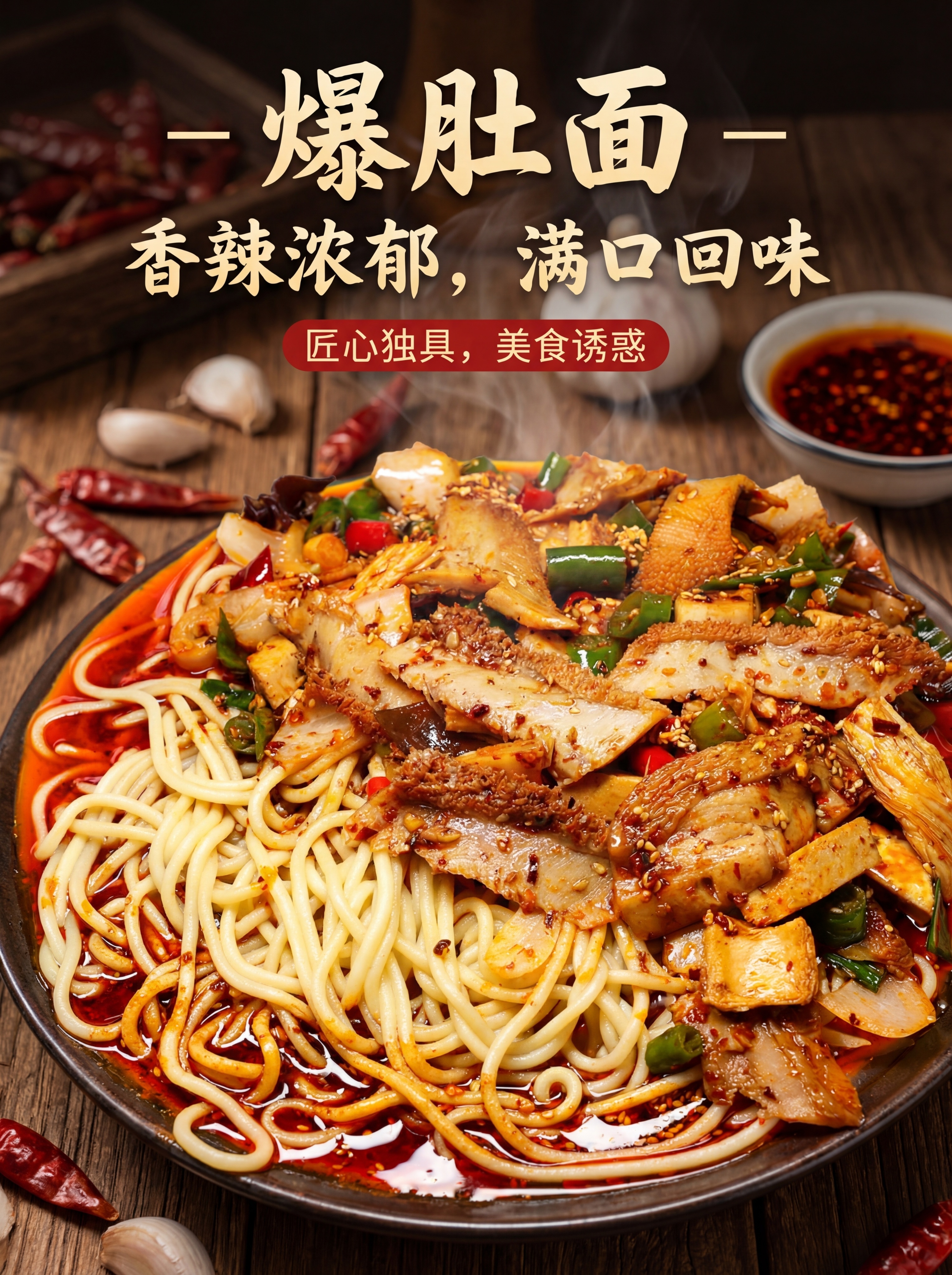氛围感爆肚面宣传海报图，美食诱惑，摄影写实质感，红亮诱人的爆肚… - 图片创意预览