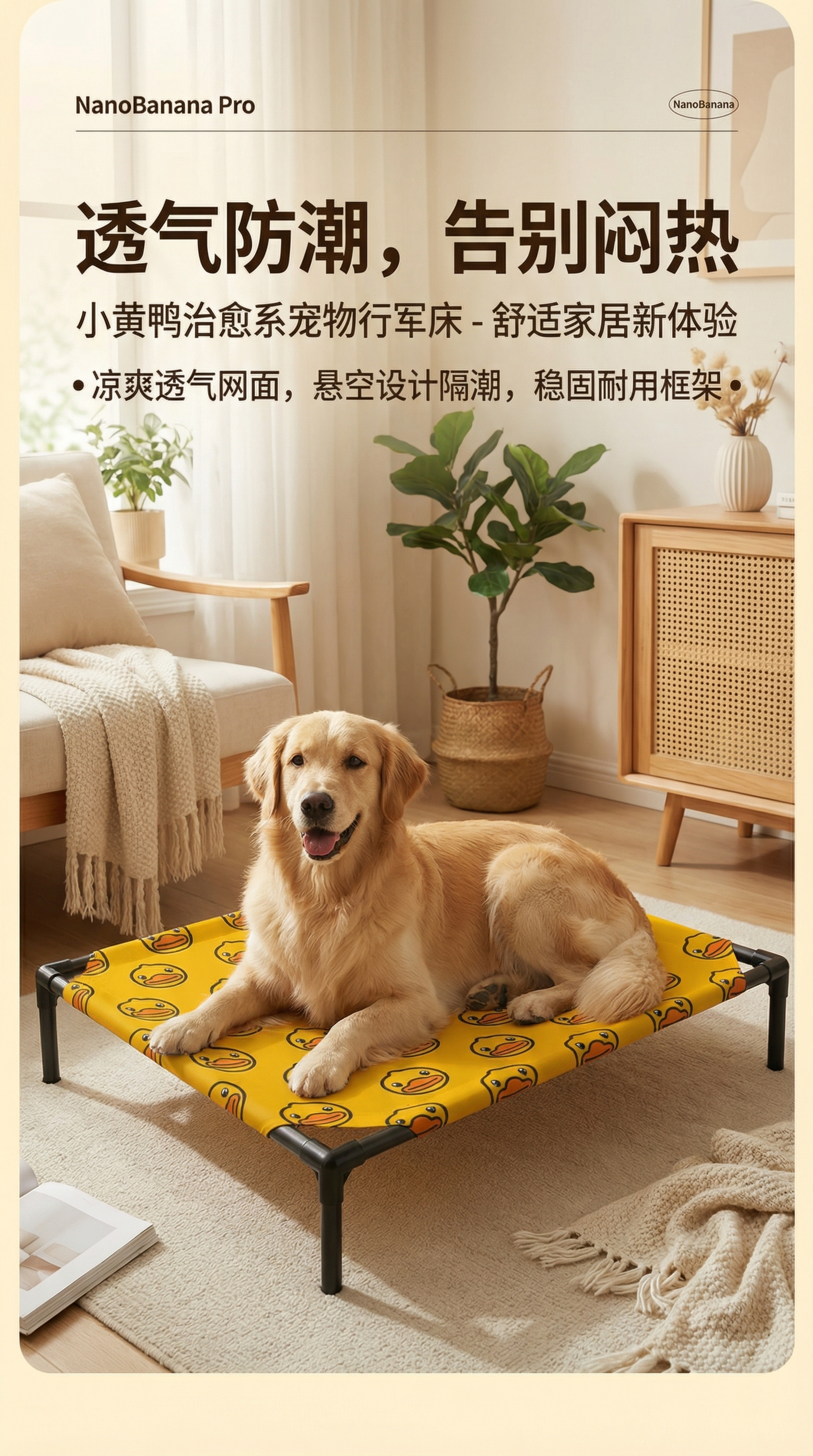 宠物行军床商品详情页首图，展示这款黄色小黄鸭图案的宠物行军床，… - 图片创意预览