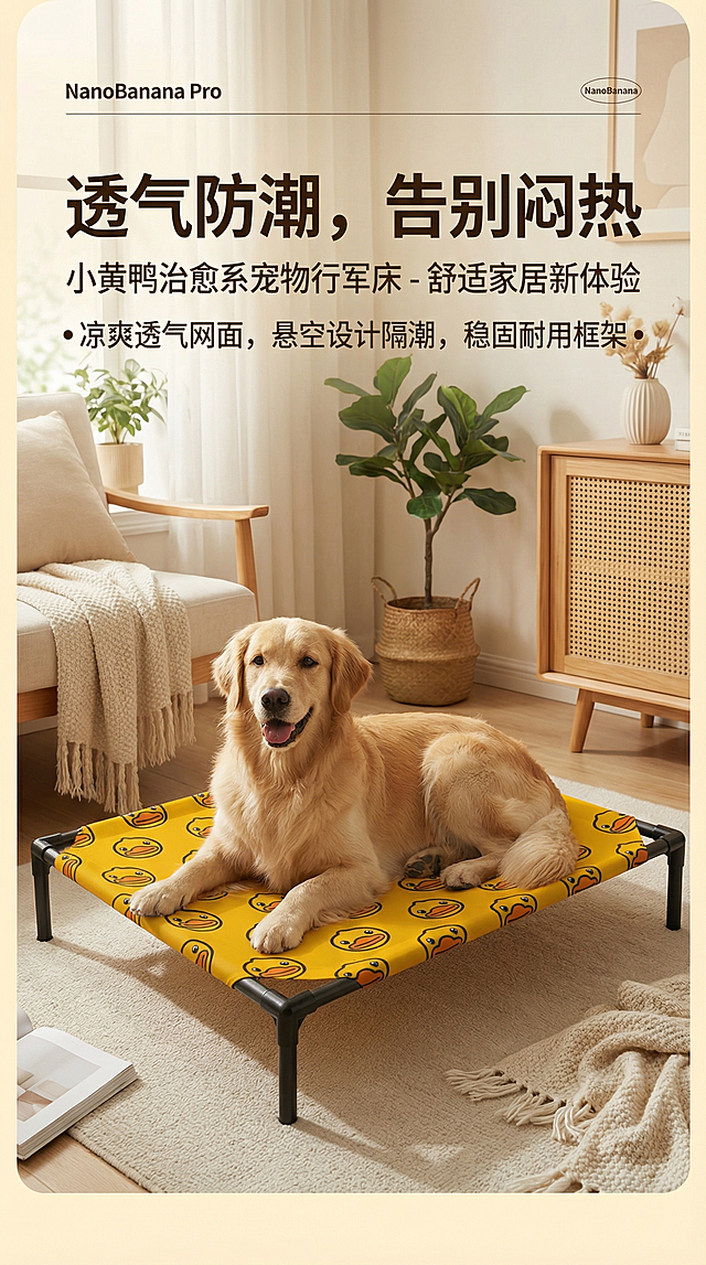 宠物行军床商品详情页首图，展示这款黄色小黄鸭图案的宠物行军床，突出产品透气防潮，告别闷热的卖点，温馨舒适家居治愈风，淘宝天猫平台竖版详情图
