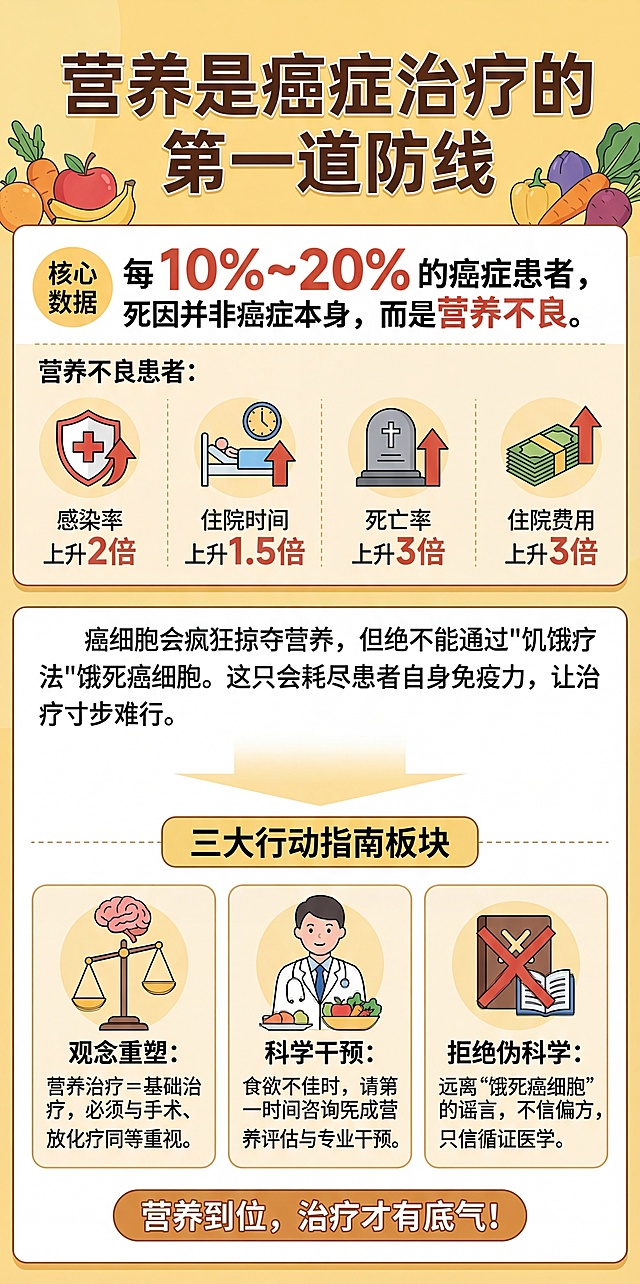 参考原图的扁平插画风格，重新生成癌症营养科普海报，整体暖黄色调。顶部主标题："营养是癌症治疗的第一道防线"，核心数据板块：每 10%~20% 的癌症患者，死因并非癌症本身，而是营养不良。营养不良患者：感染率上升2倍，住院时间上升1.5倍，死亡率上升3倍，住院费用上升3倍。正文内容：癌细胞会疯狂掠夺营养，但绝不能通过"饥饿疗法"饿死癌细胞。这只会耗尽患者自身免疫力，让治疗寸步难行。三大行动指南板块：1.观念重塑：营养治疗 = 基础治疗，必须与手术、放化疗同等重视。2.科学干预：食欲不佳时，请第一时间咨询医生，完成营养评估与专业干预。3.拒绝伪科学：远离"饿死癌细胞"的谣言，不信偏方，只信循证医学。底部标语："营养到位，治疗才有底气！"。保持和参考图一致的排版结构，信息层级清晰，干净易读